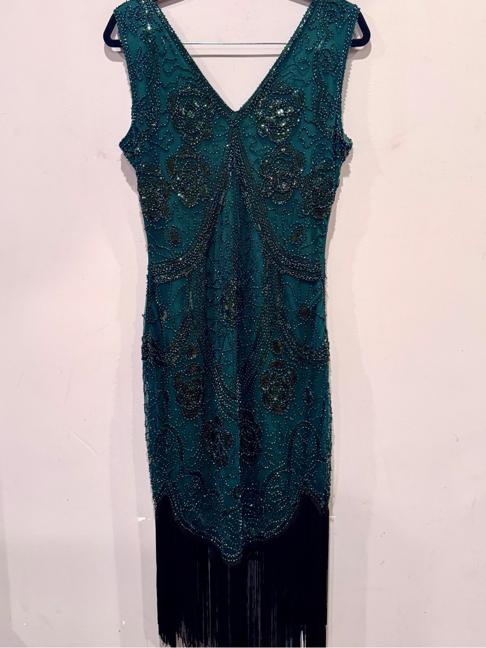 Women’s Green Beaded Sequin Fringe Sleeveless Vintage Inspired Dress Size L NWOT - Picture 8 of 13